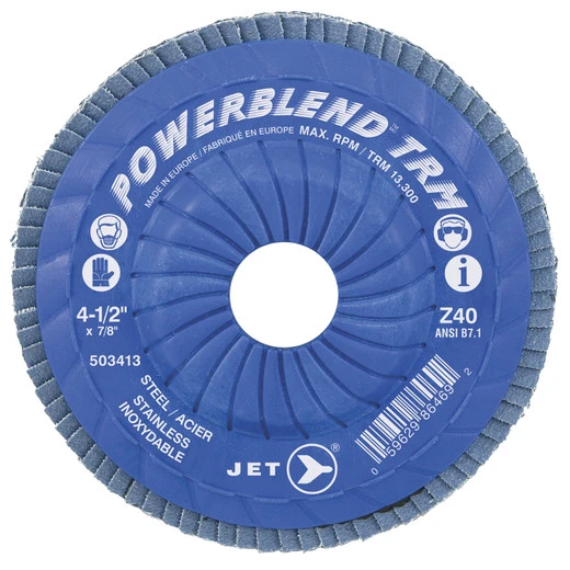 Jet 503413 - 4-1/2 X 7/8 Z40 POWERBLEND TRM T29 Trimmable Zirconia Flap Disc 3 Jet 503413 - 4-1/2 X 7/8 Z40 POWERBLEND TRM T29 Trimmable Zirconia Flap Disc